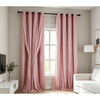 Ensemble de 2 rideaux occultants roses à double couche avec superposition de voilage, rideaux obscurcissant avec œillets pour le salon de la chambre à coucher