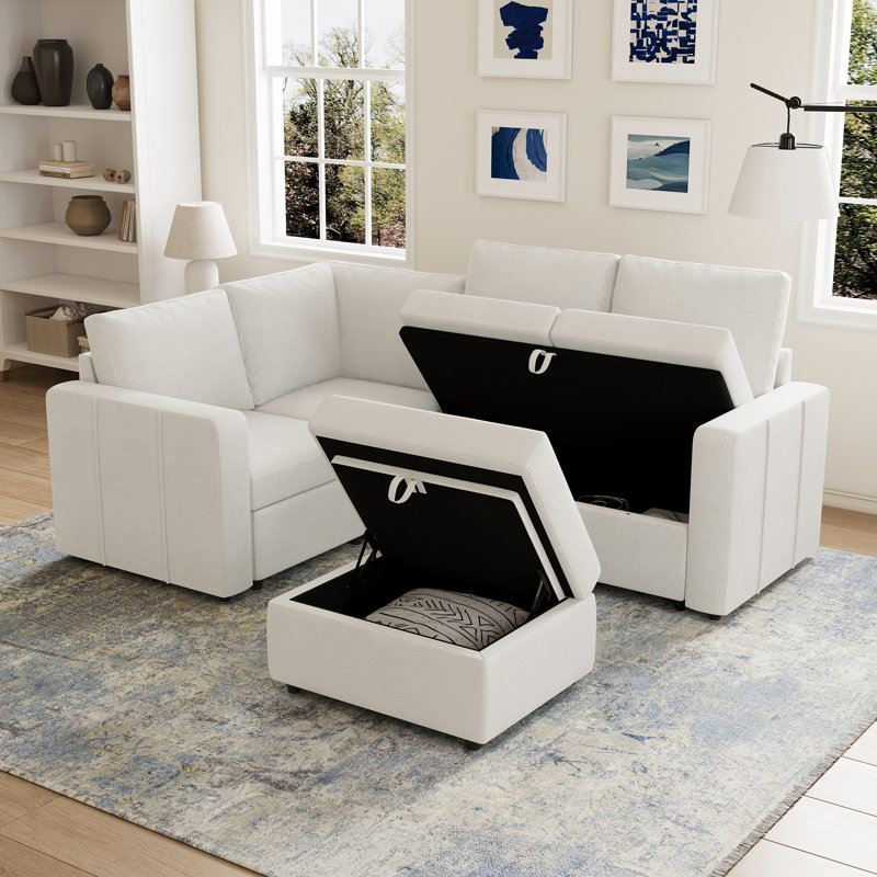 Canapé de rangement modulaire en L Aubade avec repose-pieds amovible, Chenille beige