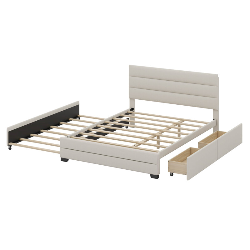 Grand lit plateforme tapissier avec lit gigogne simple et deux tiroirs