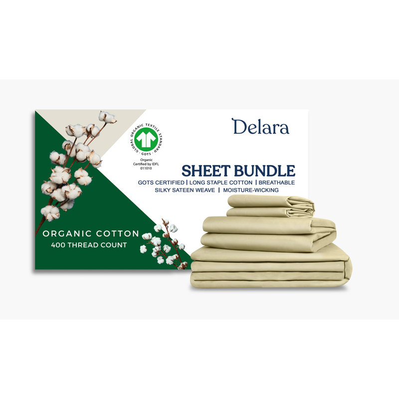 Ensemble de literie en satin de coton 100% biologique Delara GOTS, Très grande housse de couette + 6 pièces additio