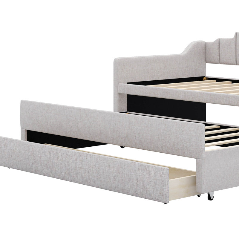 Lit de jour simple tapissier avec couchette et tiroirs., Beige