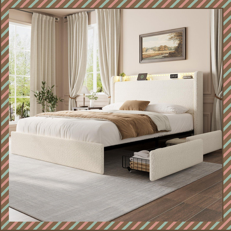 Bed Frame with Storage Headboard, Charging Station & LED Lights – Bed with 4 Drawers, No Box Spring Needed, Noise-Free Design