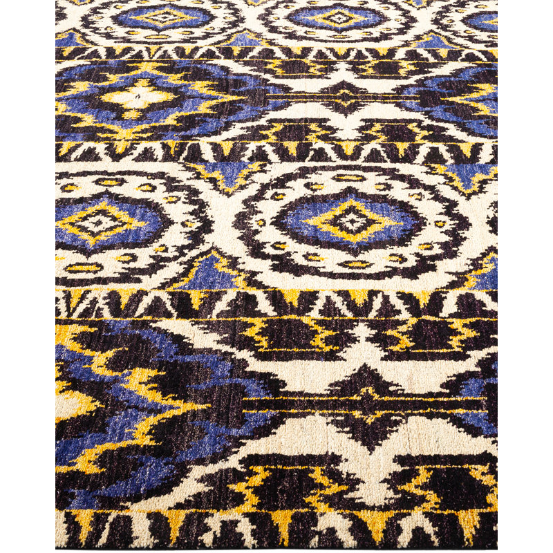 Tapis unique blanc cassé / bleu / noir / jaune noué à la main de conception moderne 6 pi 1 po x 9 pi 2 po Venis