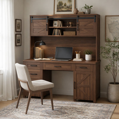 Executive Desk with Hutch and Charging Station, Computer Desk with 2 Sliding Barn Doors, 5 Drawers & Storage Cabinet with 3-Position Adjustable Shelf