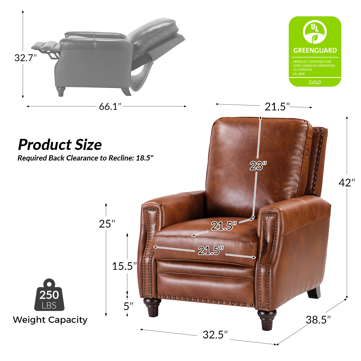 Andrena Genuine Leather Recliner with Nailhead Trim, Saddle Genuine Leather