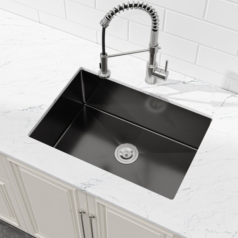 Évier de cuisine en acier inoxydable à simple cuve moderne avec drain, crépine, 27" x 19" x 10", Black