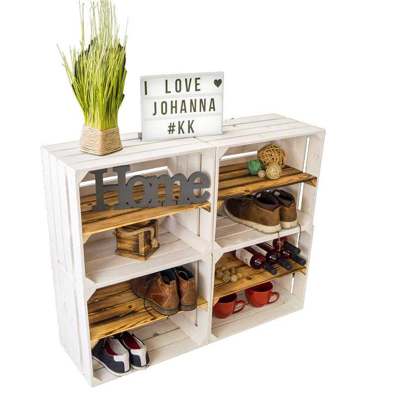 4 Pair Stackable Solid Wood Shoe Rack, White/Brown