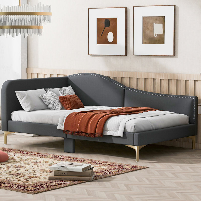 Lit de jour simple rembourré gris avec accoudoirs et tête de lit - Structure solide, tissu en lin de taille moderne Atmosphere confortable, fabrication