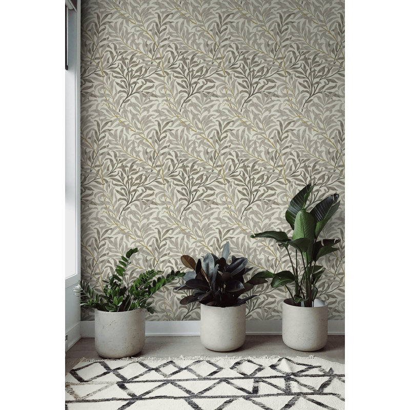 Papier peint gris à feuilles de vigne avec tiges dorées sur fond ivoire, Textured Non-Pasted