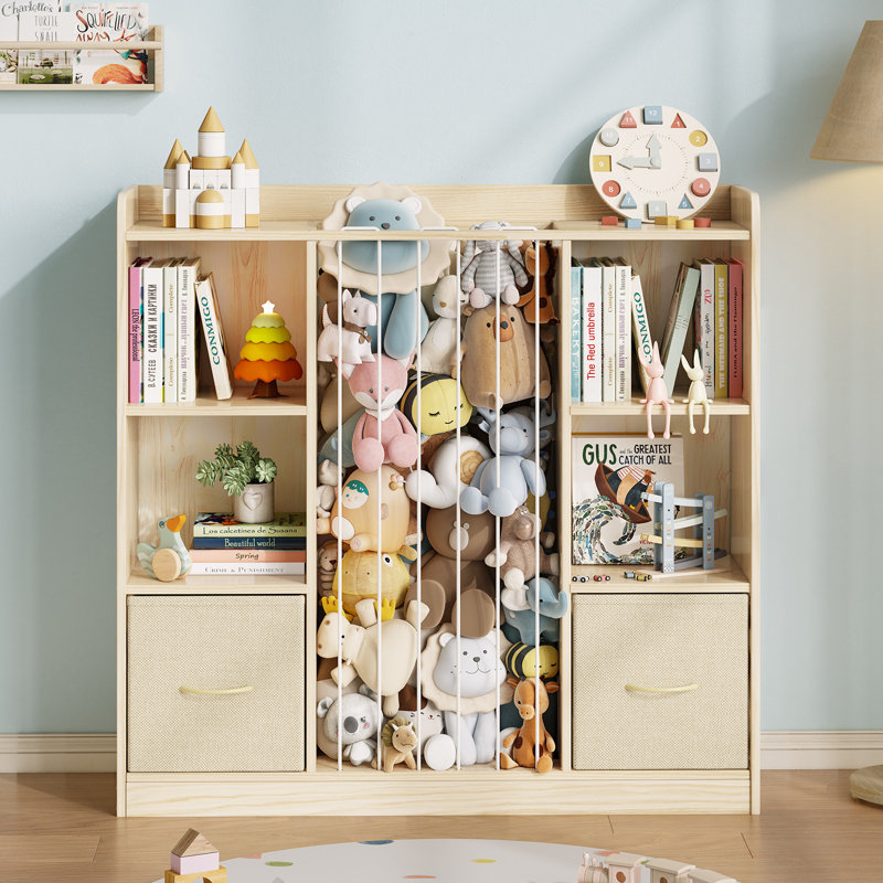 Kids Bookshelf And Stuffed Animal Storage, Multifunctional 4-cubby Kids Bookcase With 2 Drawers & Large Toy Storage For Playroom, Nursery Or Bedroom