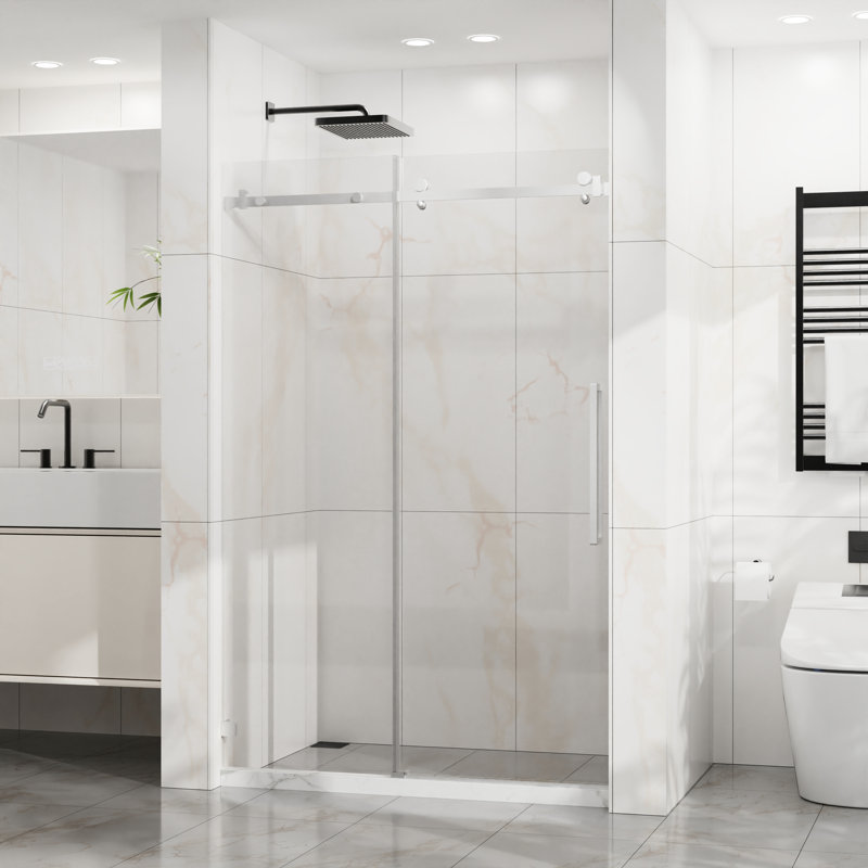 Porte de douche coulissante en verre l 48 po x H 72 po, finition, verre trempé de 1/4 po de 6 mm, facile à nettoyer, largeur réglable de 48 à 48 po, fermeture étanche, fonctionnement silencieux, porte à cadre avec preuve transparente, largeur,