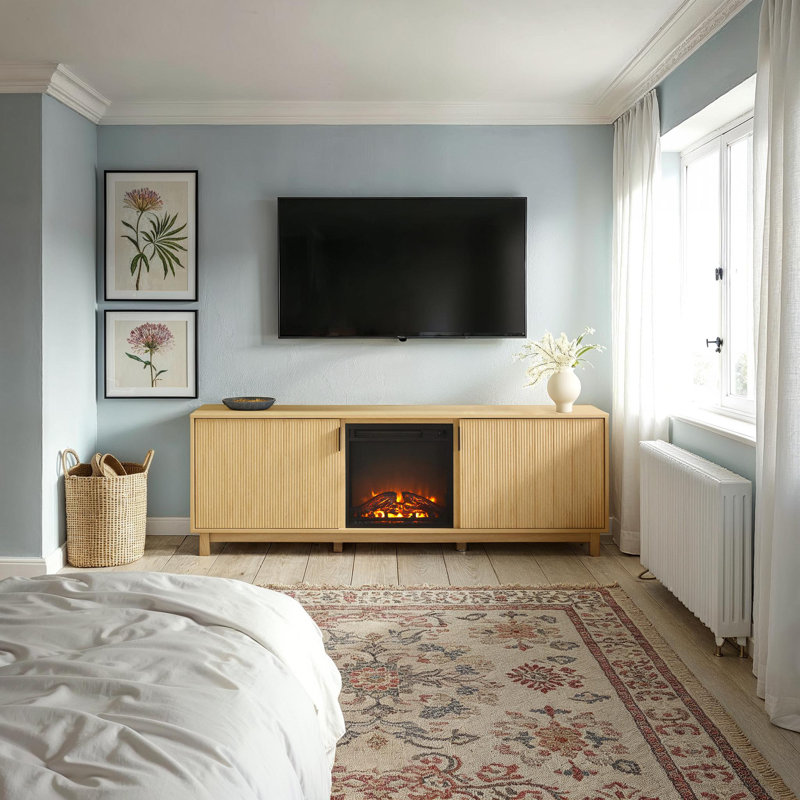 Aberforth Modern 70" TV Stand with Freestanding Electric Fireplace, Coastal Oak