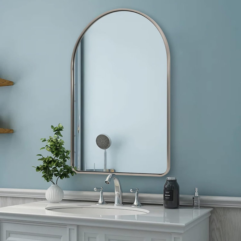 Malisa Contemporary Arched Bathroom Vanity Mirror | Stainless Steel Thick Frame, Brushed Nickel, 36" x 24"