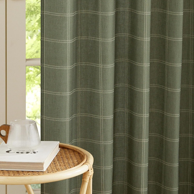 Linen Plaid Curtains Modern Window Panels Check Tartan Light Filtering Curtains for Living Room Bedroom, Rod Pocket Back Tab, 2 Panels