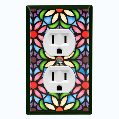 Metal Light Switch Plate Outlet Cover (Stained Glass Colourful Flower Print - Single Toggle)