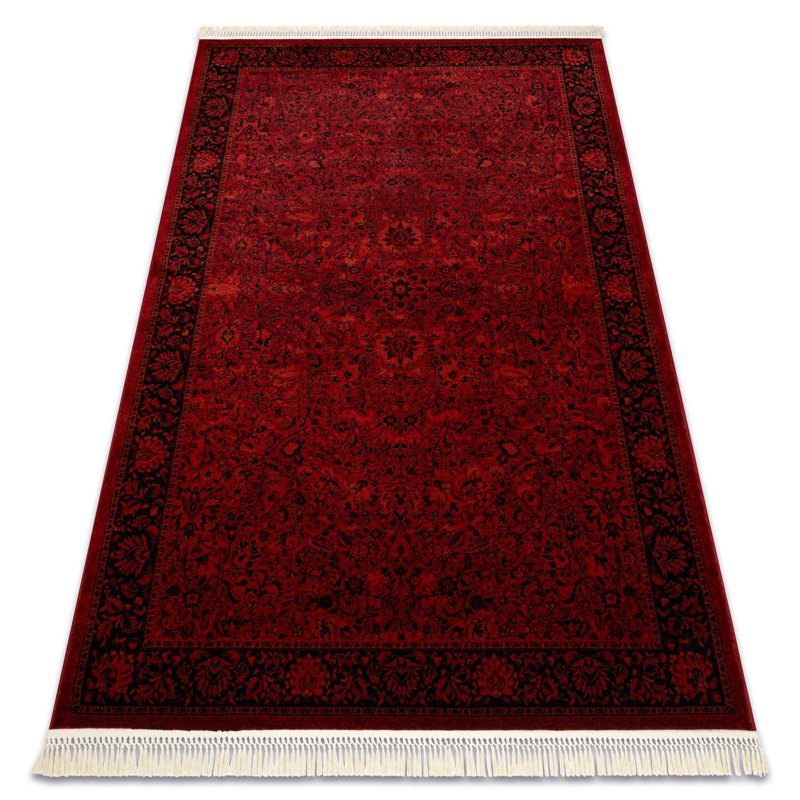 Luca 5125 – Elegant rug with fringes in burgundy & black – Classic Lucaal rug with ornamental & frame pattern