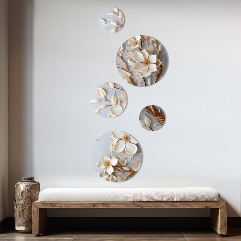 Orchidée blanche, jardin de branches - ensemble d'art mural abstrait floral rond de 5