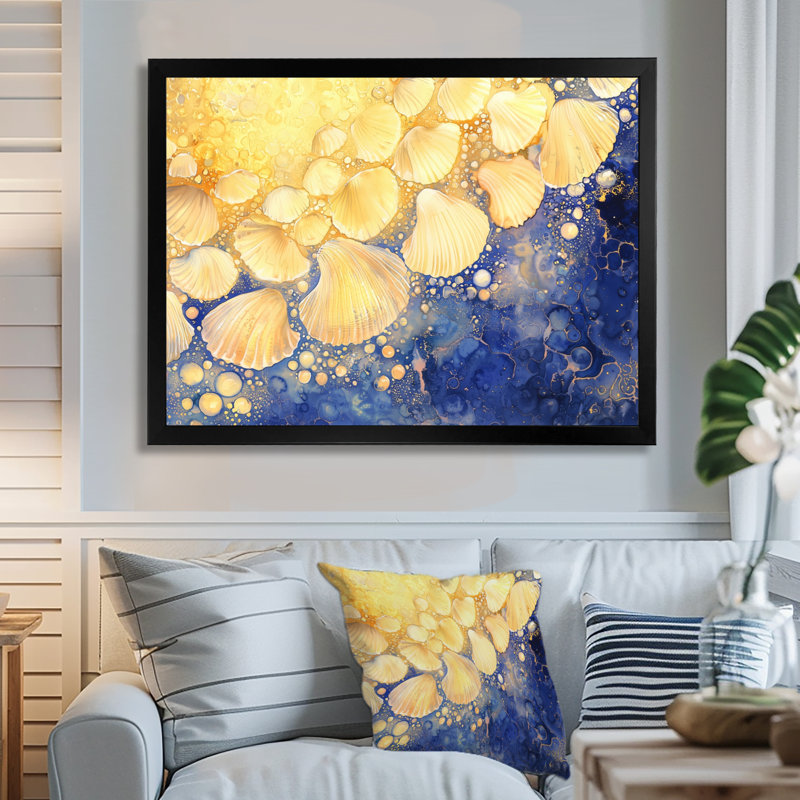Ethereal Cascade Of Seashells II - Seashells Wall Décor, 12" H x 20" W, Single Picture Framed Print without Mat, Black