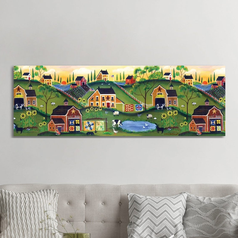Red Quilters Barn Country Folk Art Farm by Cheryl Bartley - Panoramic Print on Canvas, Wrapped Canvas
