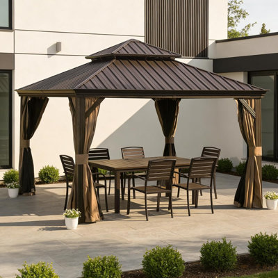 Pavillon de jardin extérieur 13 po x 13 pi, pavillon de jardin à toit rigide avec double toit en acier galvanisé, pavillons de jardin en métal avec système de drainage pour terrasse de patio, rideau et filet, brun