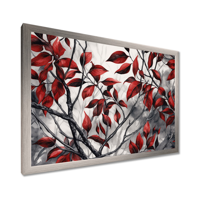Imprimé de feuilles rouges et grises sur un arbre VI, H 34 po x l 44 po x P 1,5 po, Cadre simple argenté