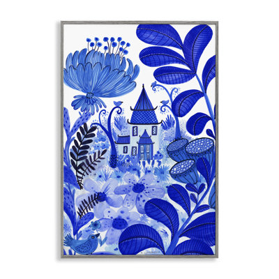 Giclée encadrée de jardin fantaisiste bleu, design par Kay Widdowson