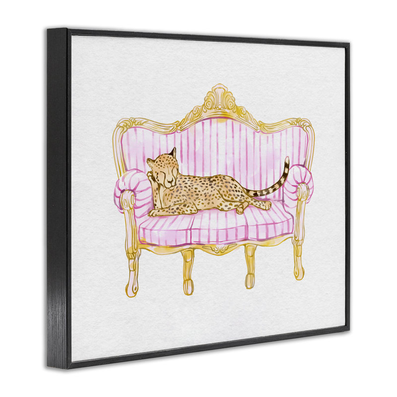 Léopard endormi sur un canapé rayé, estampe numérique, design par Ziwei Li, H 11 po x l 14 po, Giclée encadrée noir minuit