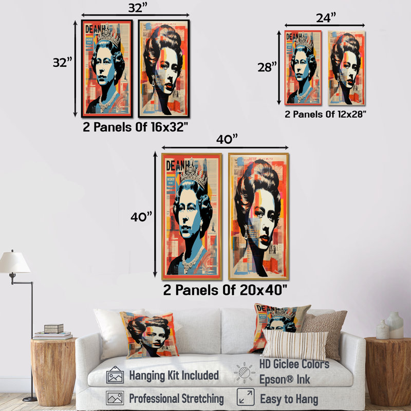 «Royal Remix Queen Elizabeth Popart II», ensemble de 2 impressions sur magazines, Encadrement doré, H 28 po x l 25 po
