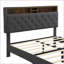 Base de lit tapissier grand format avec tête de lit en lin capitonnée, prise USB / prise de courant, poches latérales, aucun sommier nécessaire, gris foncé pour la chambre principale-980900470