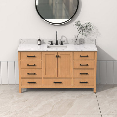 Meuble-lavabo autoportant 60 po avec comptoir simple en bois massif et structure en bois massif 60 po