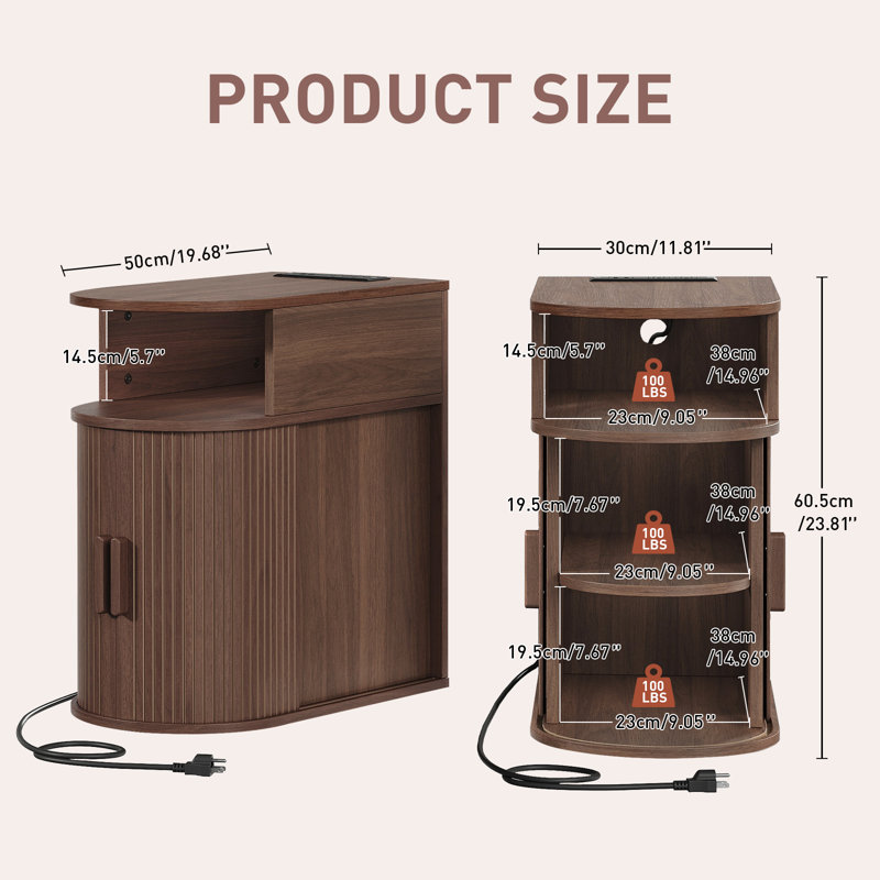 Narrow Fluted Side Table with Charging Station and Sliding Curved Door, End Table, Walnut