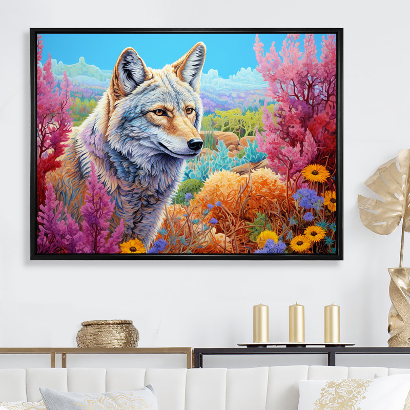 «Native Coyote Horizon» sur toile, Cadre flottant noir, H 30 po x l 40 po x P 1,5 po