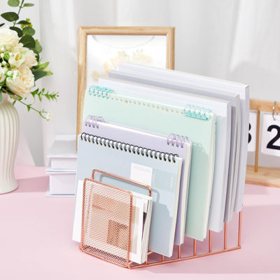 2 Pack Rose Gold Mesh Desktop File Sorter, 7 Compartment Inclined Letter Magazine Organizer