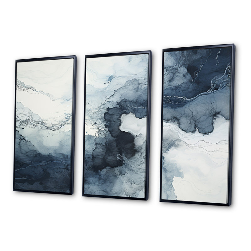 Ensemble de décorations murales en marbre bleu et blanc River III, Cadre flottant noir, H 32 po x l 48 po x P 1 po