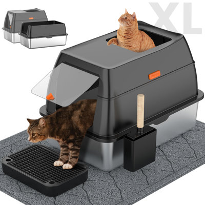 Stainless Steel Litter Box with Lid,Front Entry Top Exit Kitty LitterBox,Extra Large Enclosed Metal Cat Box with Litter Scoop & Litter Mat--Black