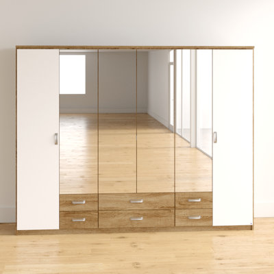 Gandra 6 Hinged Door Wardrobe 271 cm Alpinwhite/Oak 6 Drawer, Mirror INCL. Delivery and Assembly