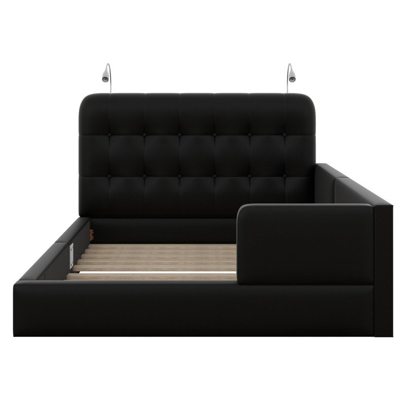 Modern Tufted Plattform Bed With Headboard, Queen PU Leather Floor Day Bed Frame, Black