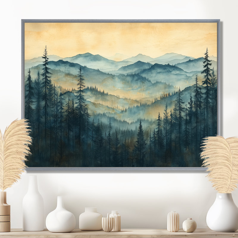 «Mountains Natures Layers In Blue Winter I», art mural montagnes, H 16 po x l 32 po, Picture Framed, Argent argent