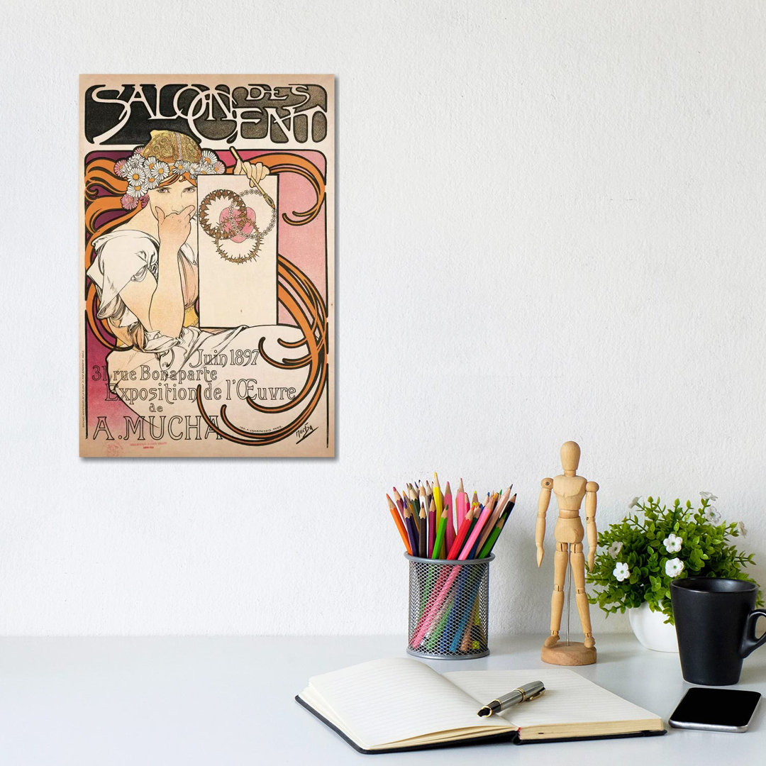 Salon Des Cent June 1897 Exhibition Advertisment by Alphonse Mucha - Wrapped Canvas Print