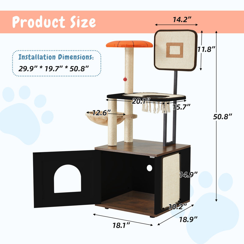 Arbre à chat 50 po, bac à litière pour chat, tour à chat 2 en 1, maisonnette pour chat avec poteaux à griffer pour chats d'intérieur