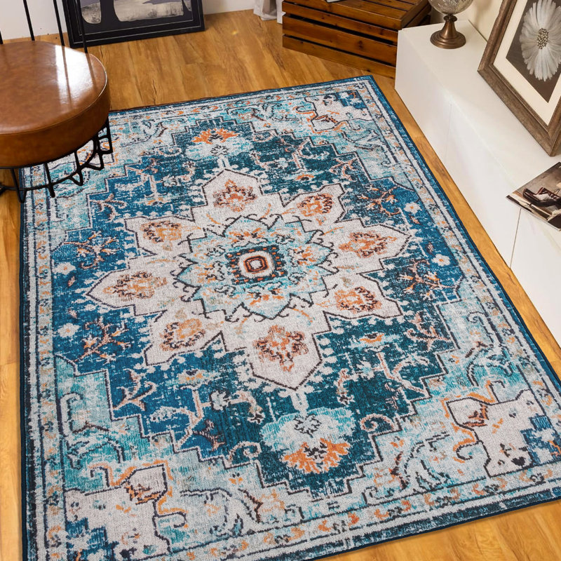 5x7 Area Rug With Floral Pattern, Vintage Theme, Washable Non-slip For Home, Blue/beige Large 5x7, Retro Style, Bedroom , Blue Beige Flower Pattern