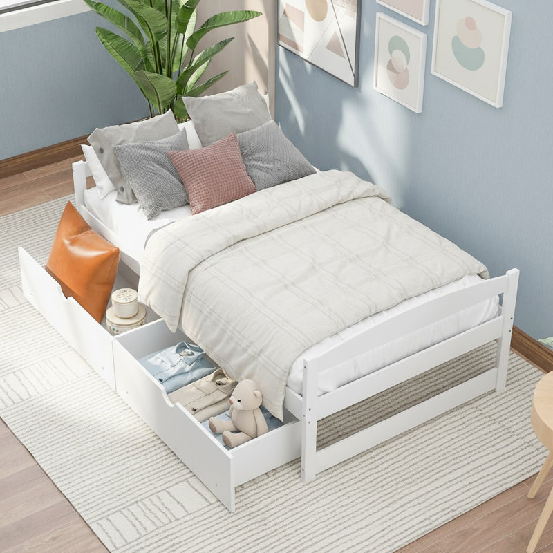 Twin Size Bed Frame With 2 Storage Drawers, Wood Twin Platform Bed Frame No Box Spring Need, White, White