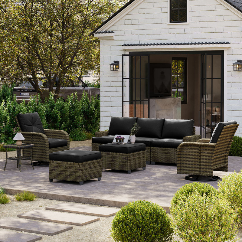 Ensemble de patio en osier tissé à la main 8 pièces avec chaises pivotantes 8 pièces, Noir / gris foncé