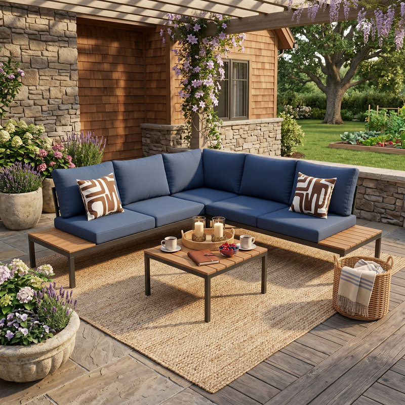 L-Shaped Outdoor Patio Sofa Set with Metal Frame and Coffee Table, Light Gray, Dark Blue