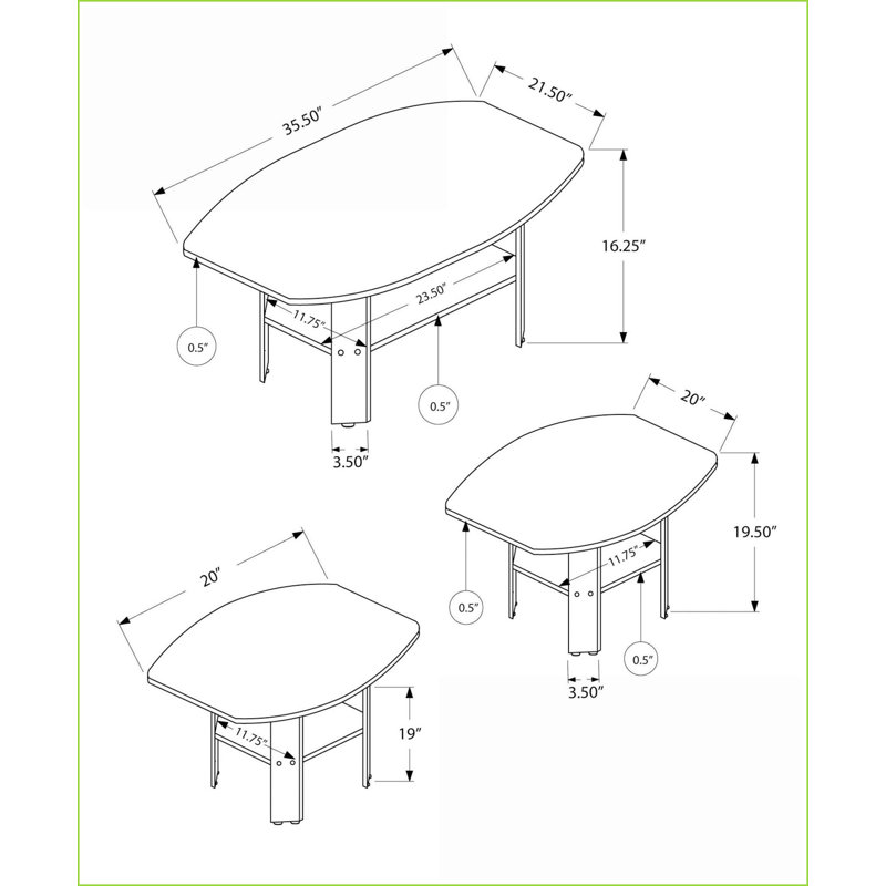 Ensemble de tables basses et de tables d'appoint 3 pièces en bois gris avec tablettes et bords arrondis pour le salon