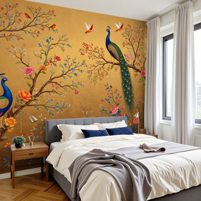 Papier peint à peler et coller Peacocks parmi les arbres en fleurs ornementales murales décoratives dorées H 100 po x l 144 po papier mural amovible en PVC auto-adhésif pour le salon de la chambre bureau à domicile