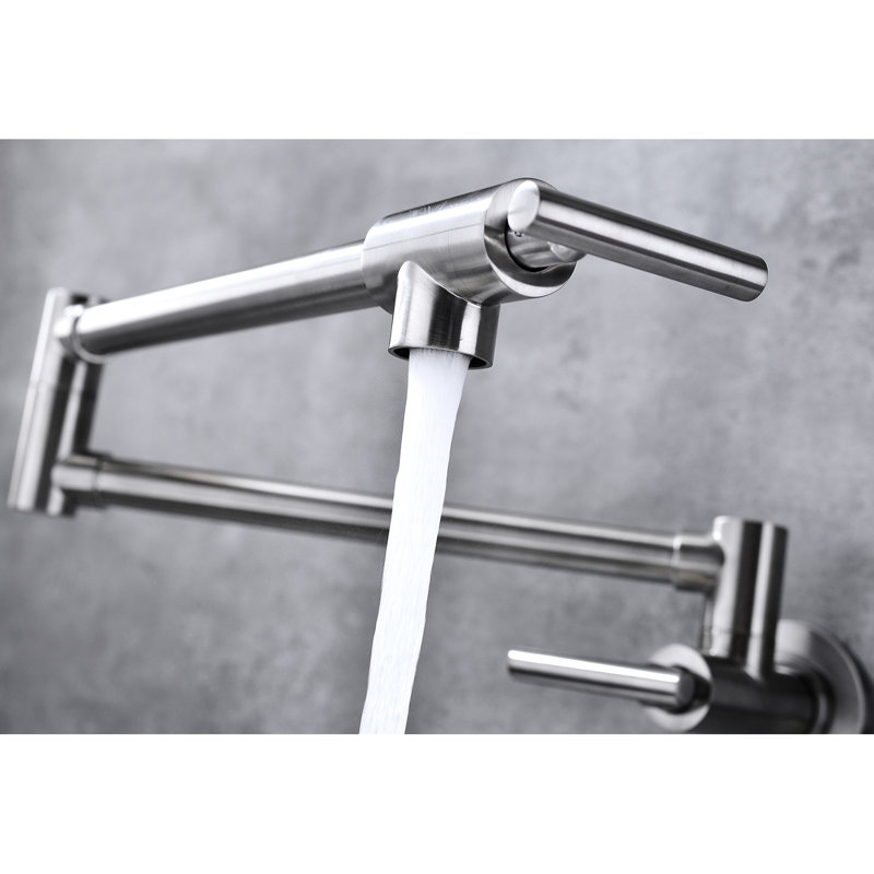 Wall Mount Folding Kitchen Pot Filler Faucet In Brushed Nickel - 360 Rotation, Space-Economical, Quality Brass, Double Handles For Effortless Water Flow Control, Corrosion Surface Mounted Arm,