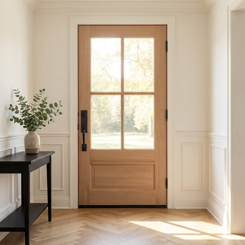 Porte d'entrée en acajou non fini avec 4 lumières avec un rebord de 4-9 / 16 po (non pré-suspendu) à droite vers l'intérieur