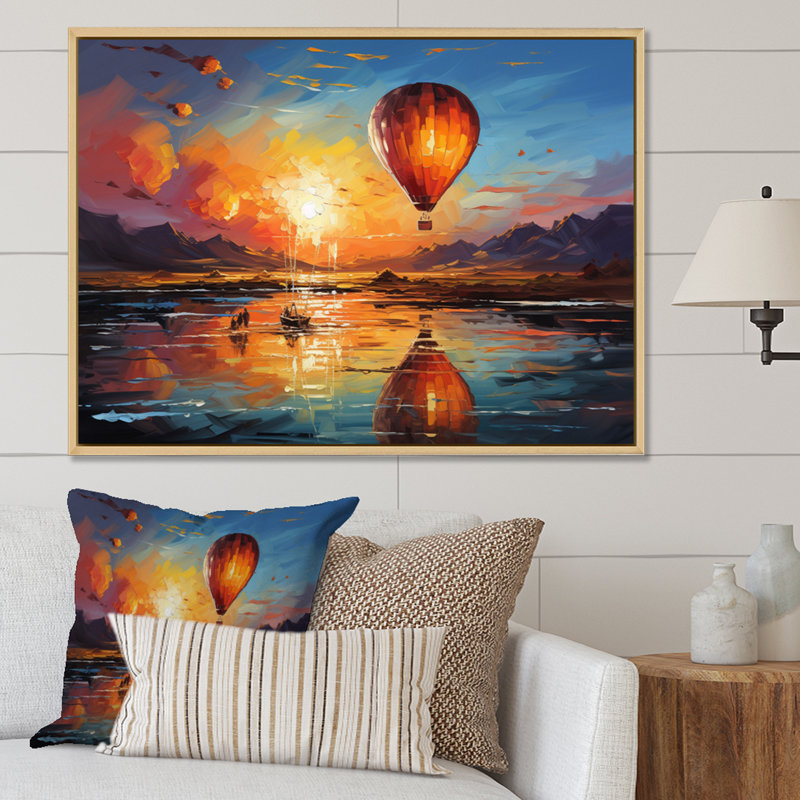 Jaune, montgolfière impressionniste - montgolfière, art mural, Cadre flottant érable, H 12 po x l 20 po x P 1 po