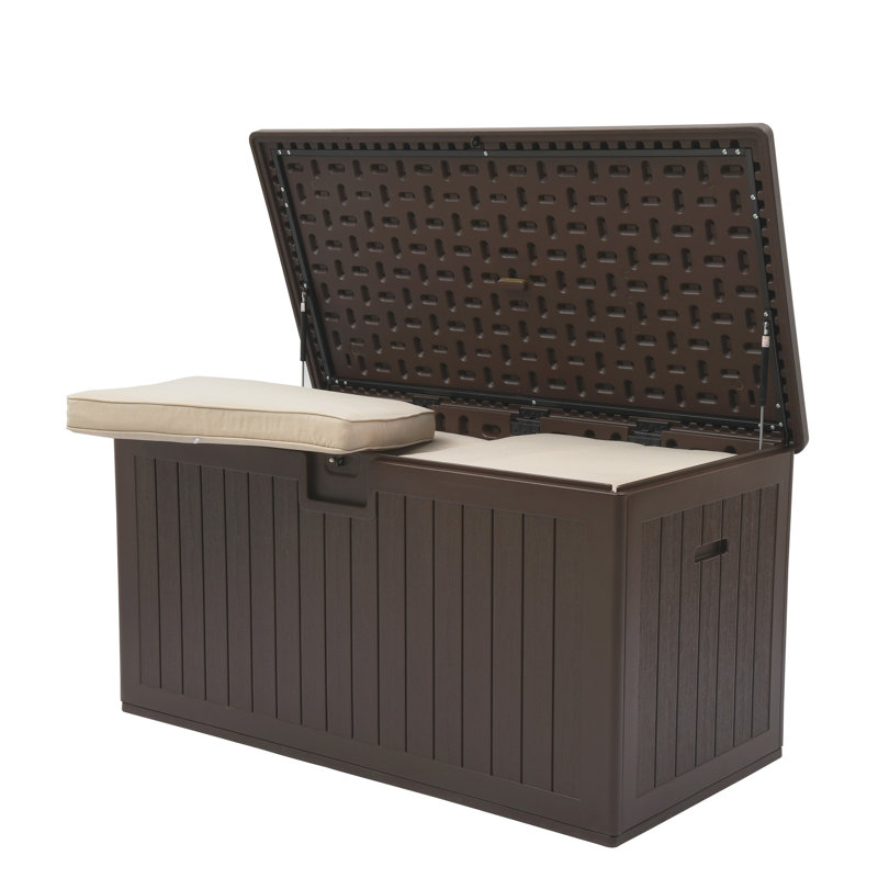 Coffre de terrasse en résine 150 gallons avec couvercle facile à soulever et construction à double paroi résistante aux intempéries pour le rangement de patio, de piscine ou de jardin